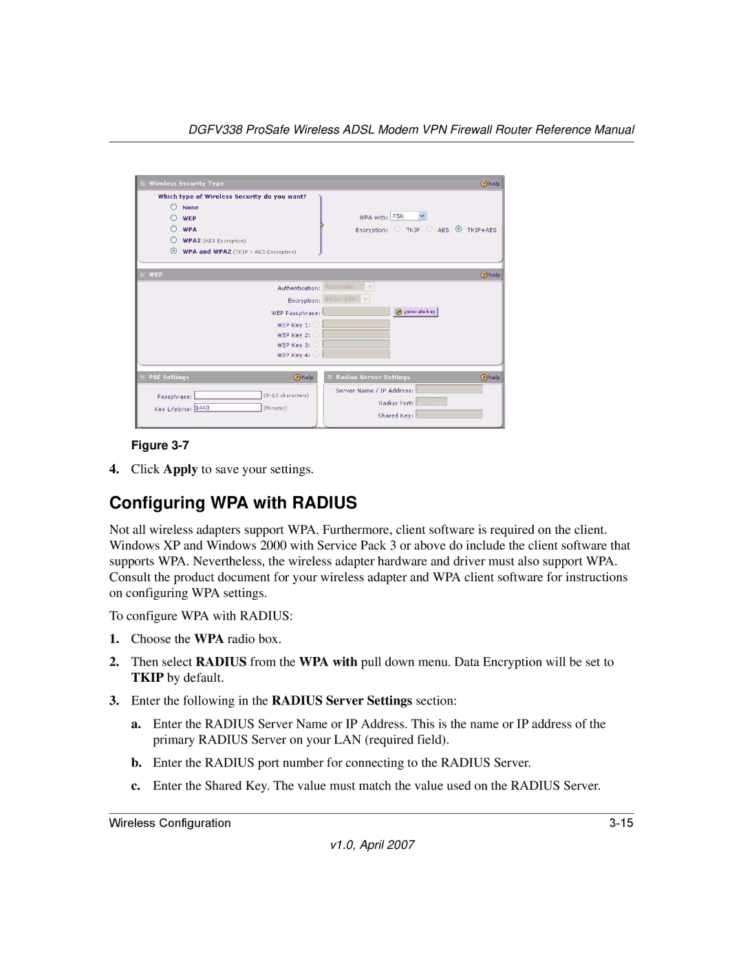 NETGEAR DGFV338 manual Configuring WPA with Radius 