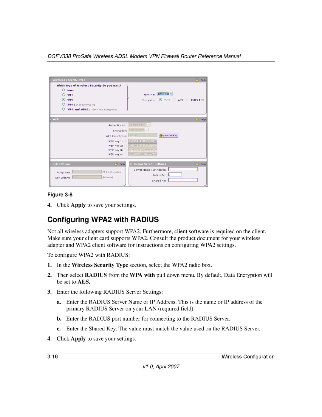 NETGEAR DGFV338 manual Configuring WPA2 with Radius 