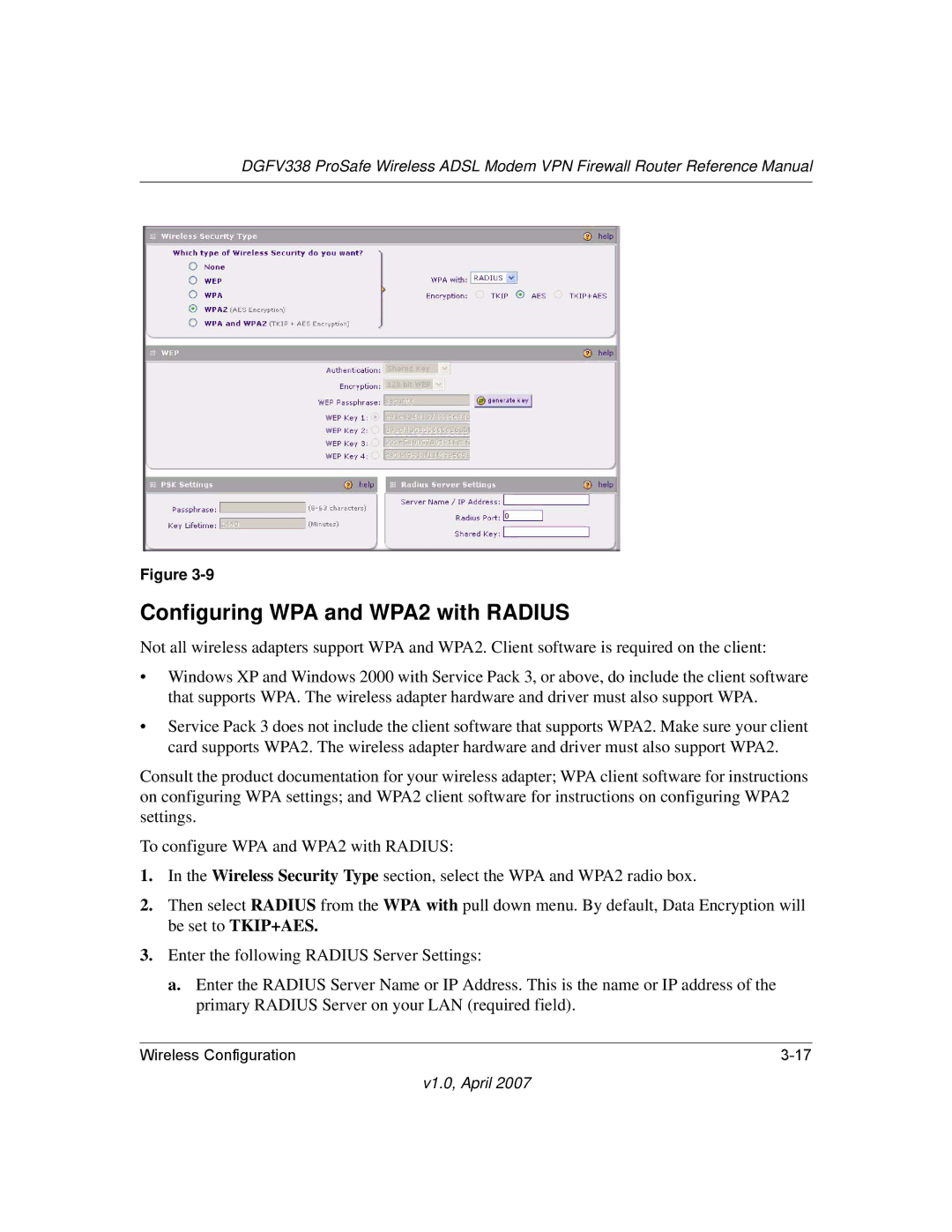 NETGEAR DGFV338 manual Configuring WPA and WPA2 with Radius 