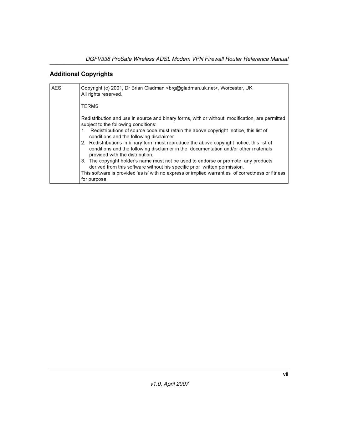 NETGEAR DGFV338 manual Additional Copyrights, Terms 