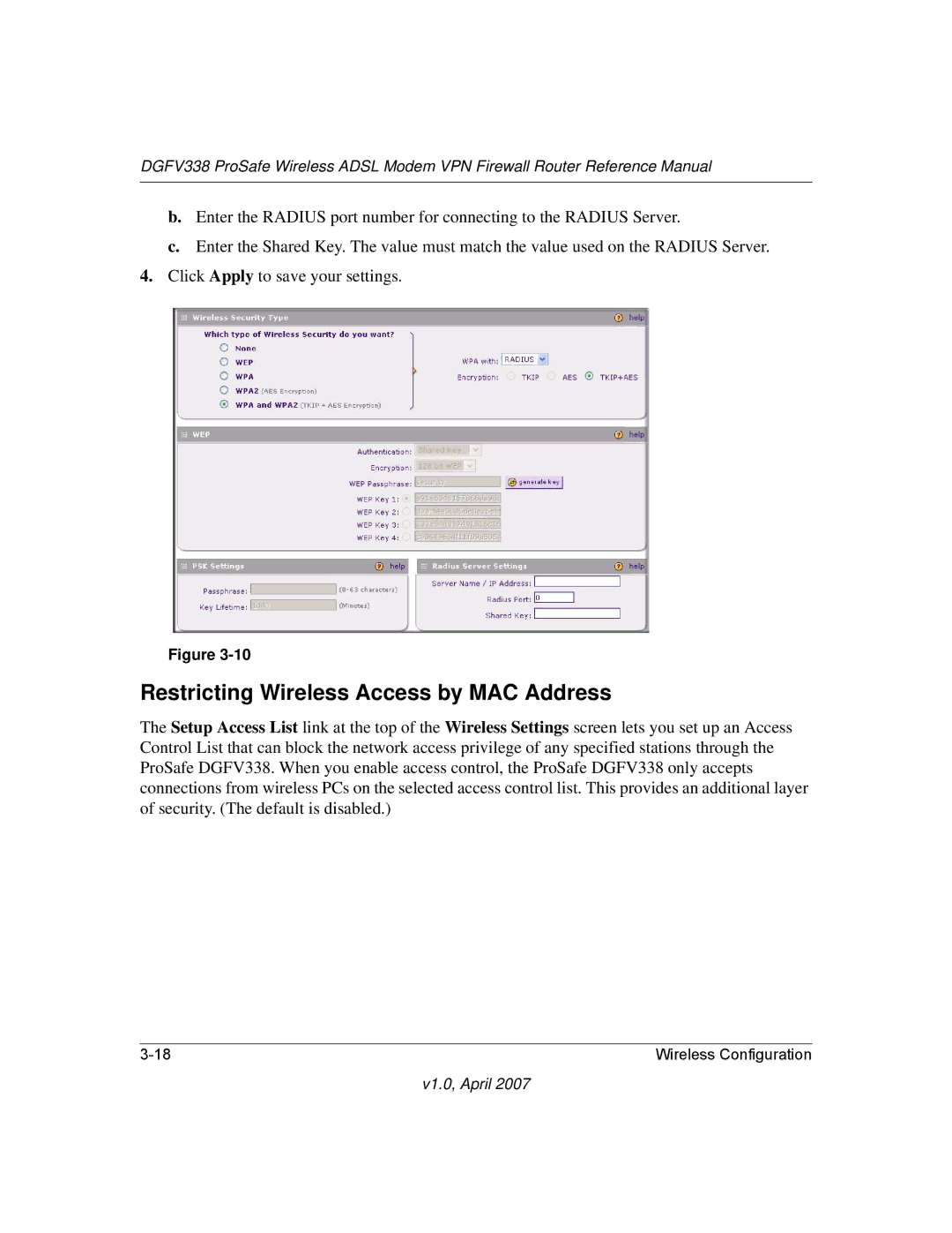 NETGEAR DGFV338 manual Restricting Wireless Access by MAC Address 