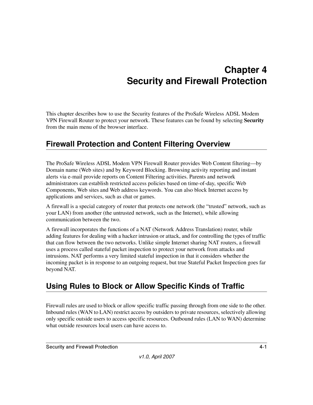 NETGEAR DGFV338 manual Firewall Protection and Content Filtering Overview 