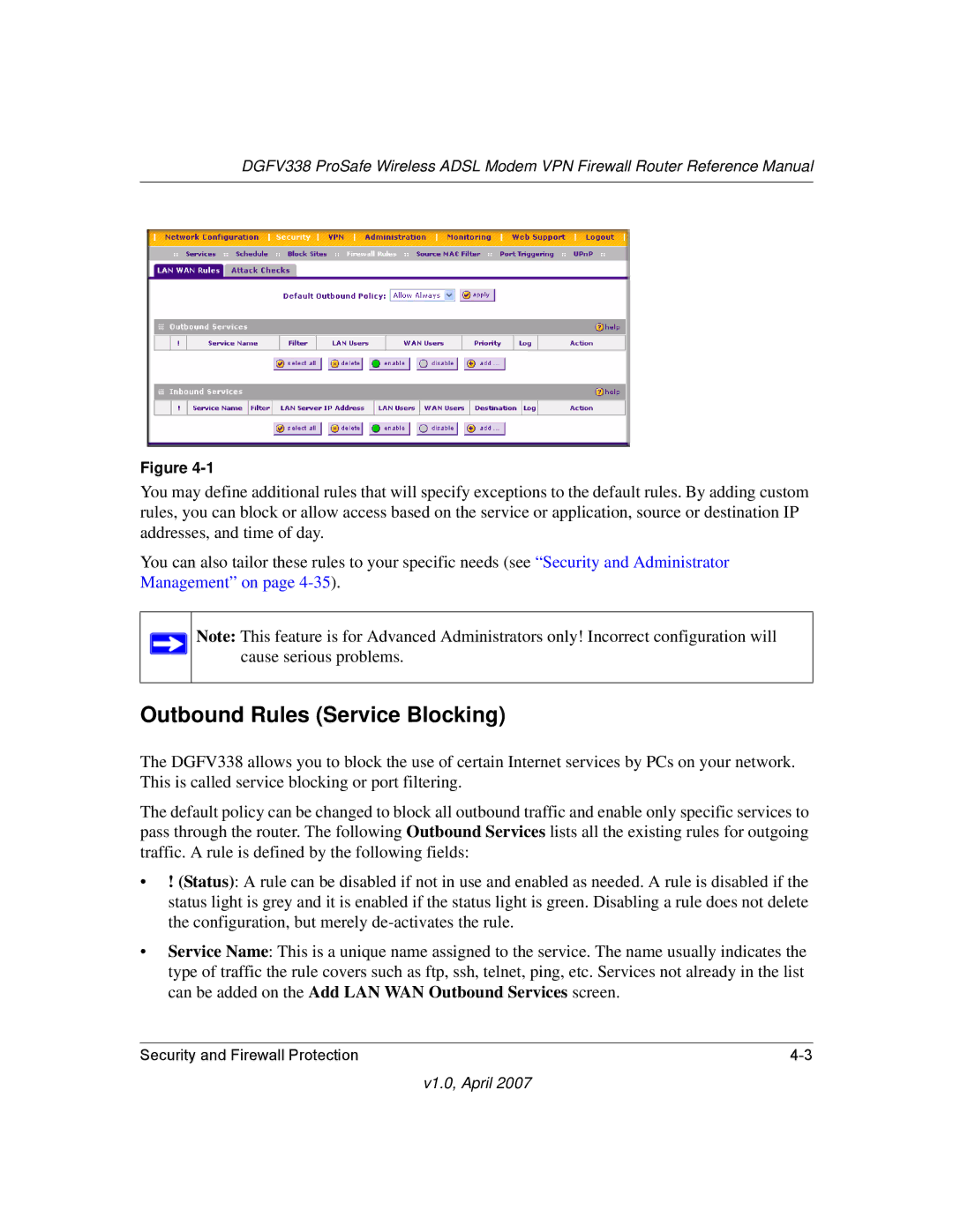 NETGEAR DGFV338 manual Outbound Rules Service Blocking 