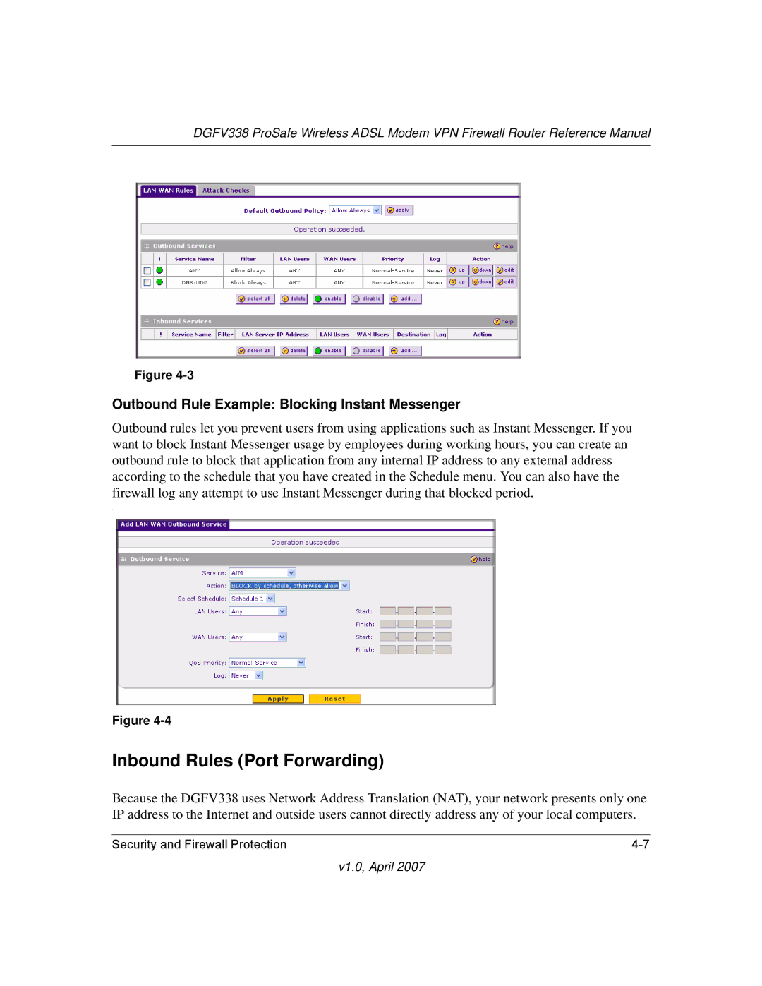 NETGEAR DGFV338 manual Inbound Rules Port Forwarding, Outbound Rule Example Blocking Instant Messenger 