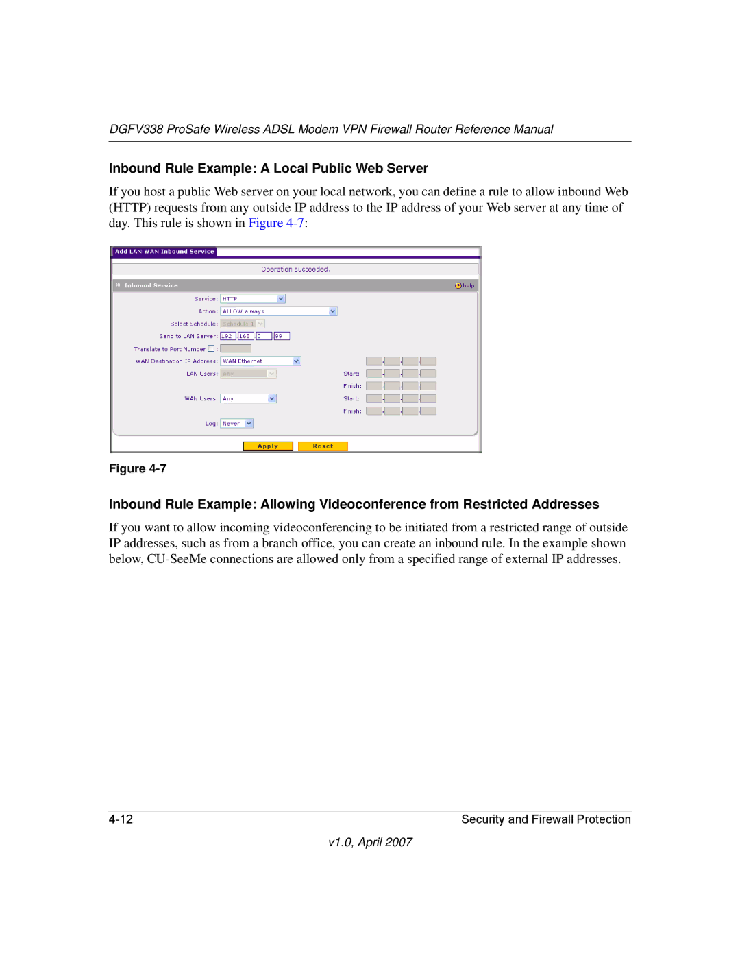 NETGEAR DGFV338 manual Inbound Rule Example a Local Public Web Server 