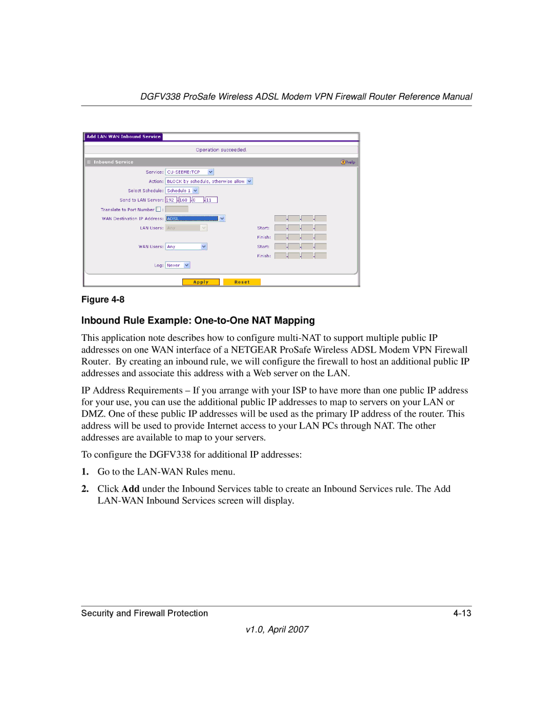 NETGEAR DGFV338 manual Inbound Rule Example One-to-One NAT Mapping 