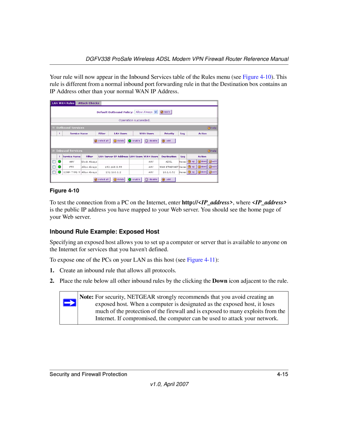 NETGEAR DGFV338 manual Inbound Rule Example Exposed Host 