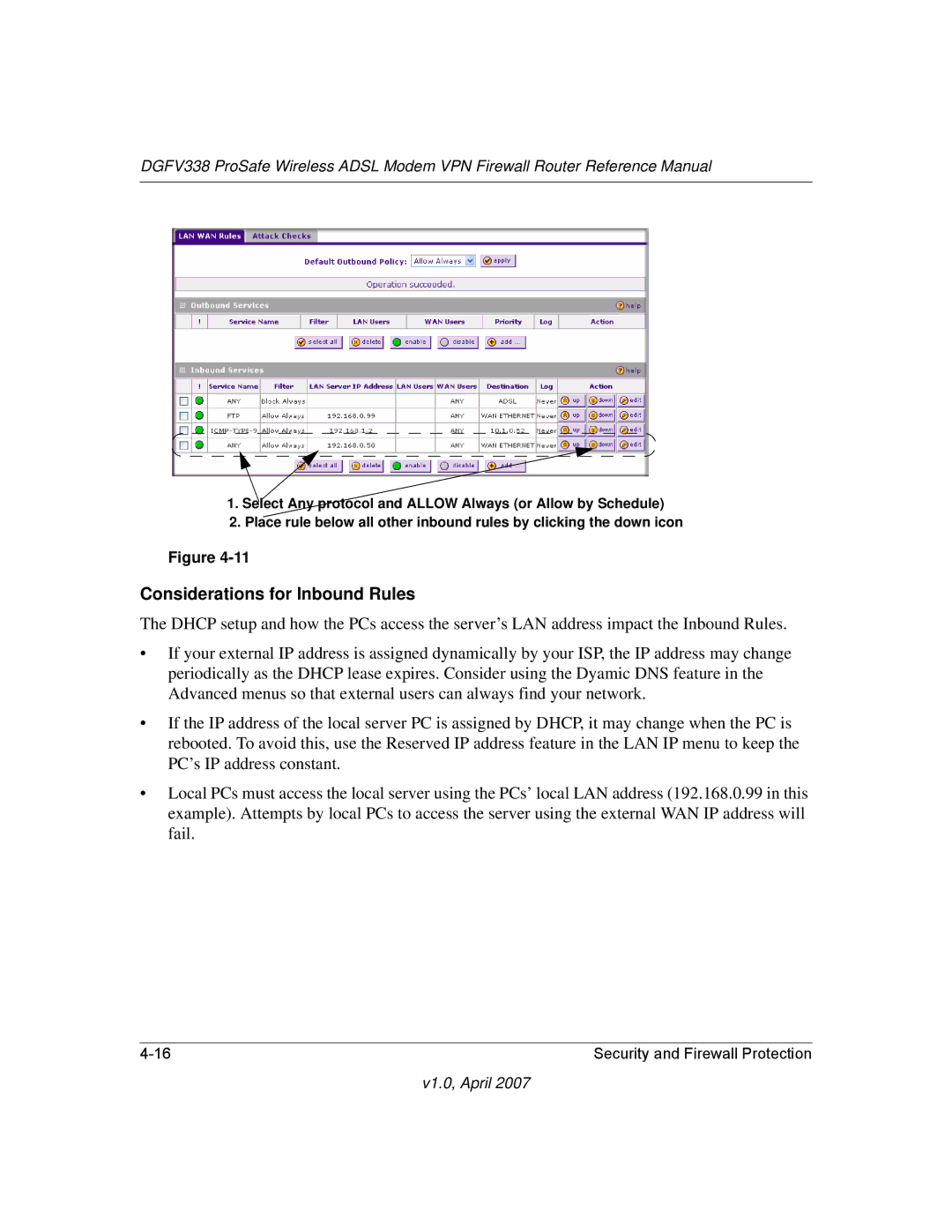 NETGEAR DGFV338 manual Considerations for Inbound Rules 