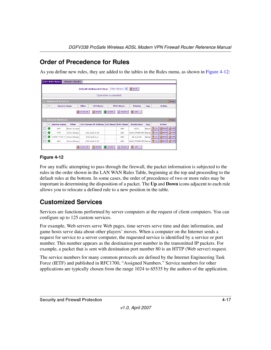 NETGEAR DGFV338 manual Order of Precedence for Rules, Customized Services 