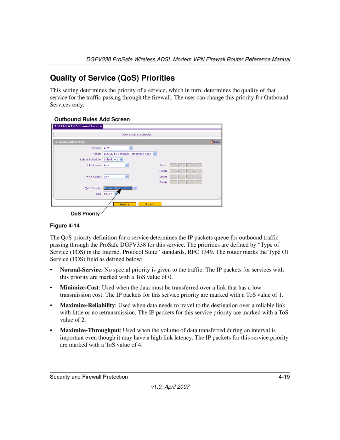 NETGEAR DGFV338 manual Quality of Service QoS Priorities, Outbound Rules Add Screen 