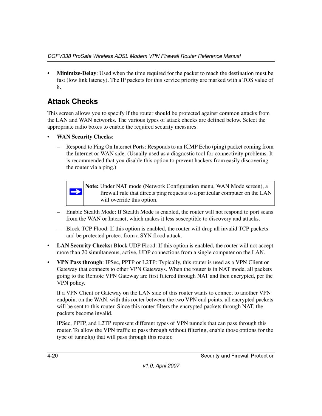 NETGEAR DGFV338 manual Attack Checks, WAN Security Checks 