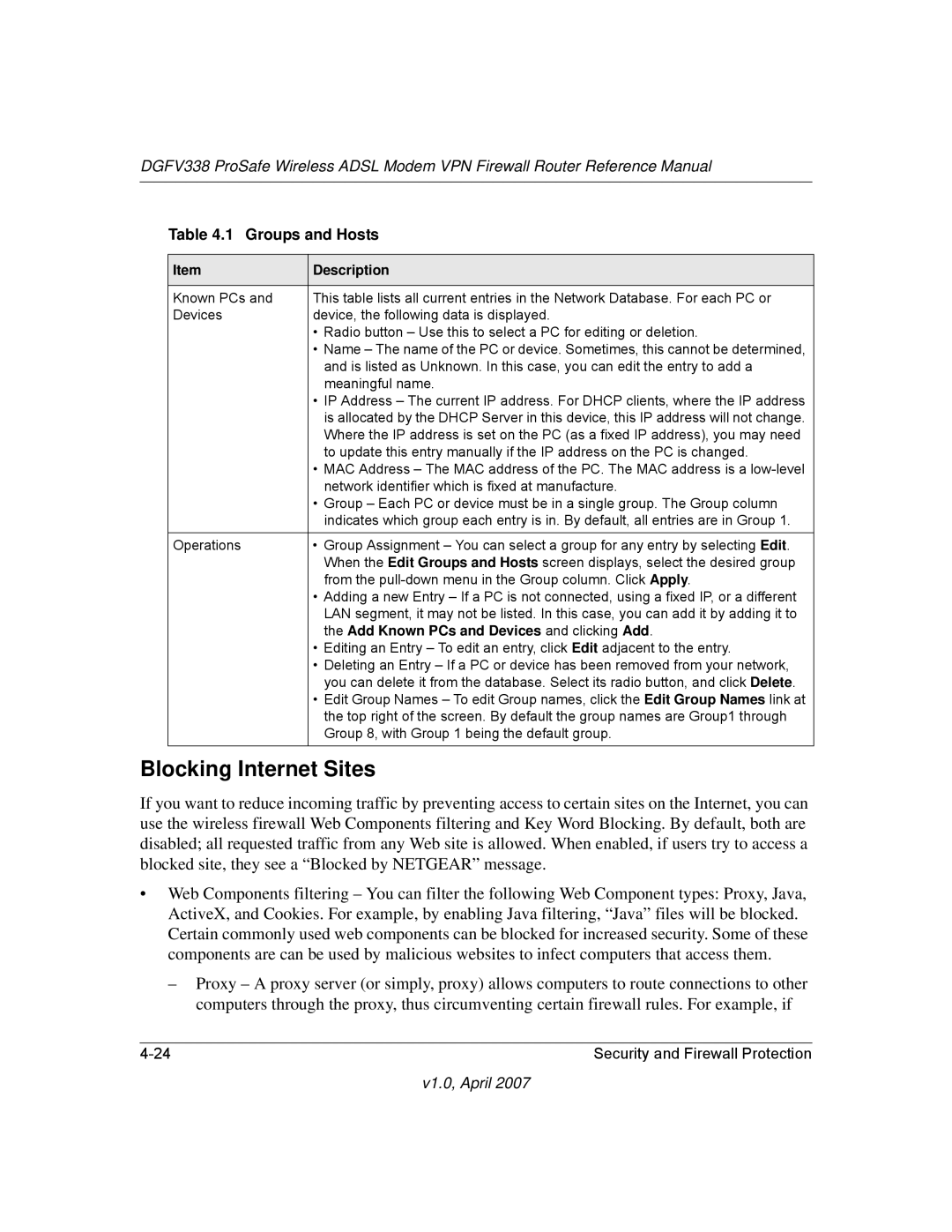 NETGEAR DGFV338 manual Blocking Internet Sites, Groups and Hosts 