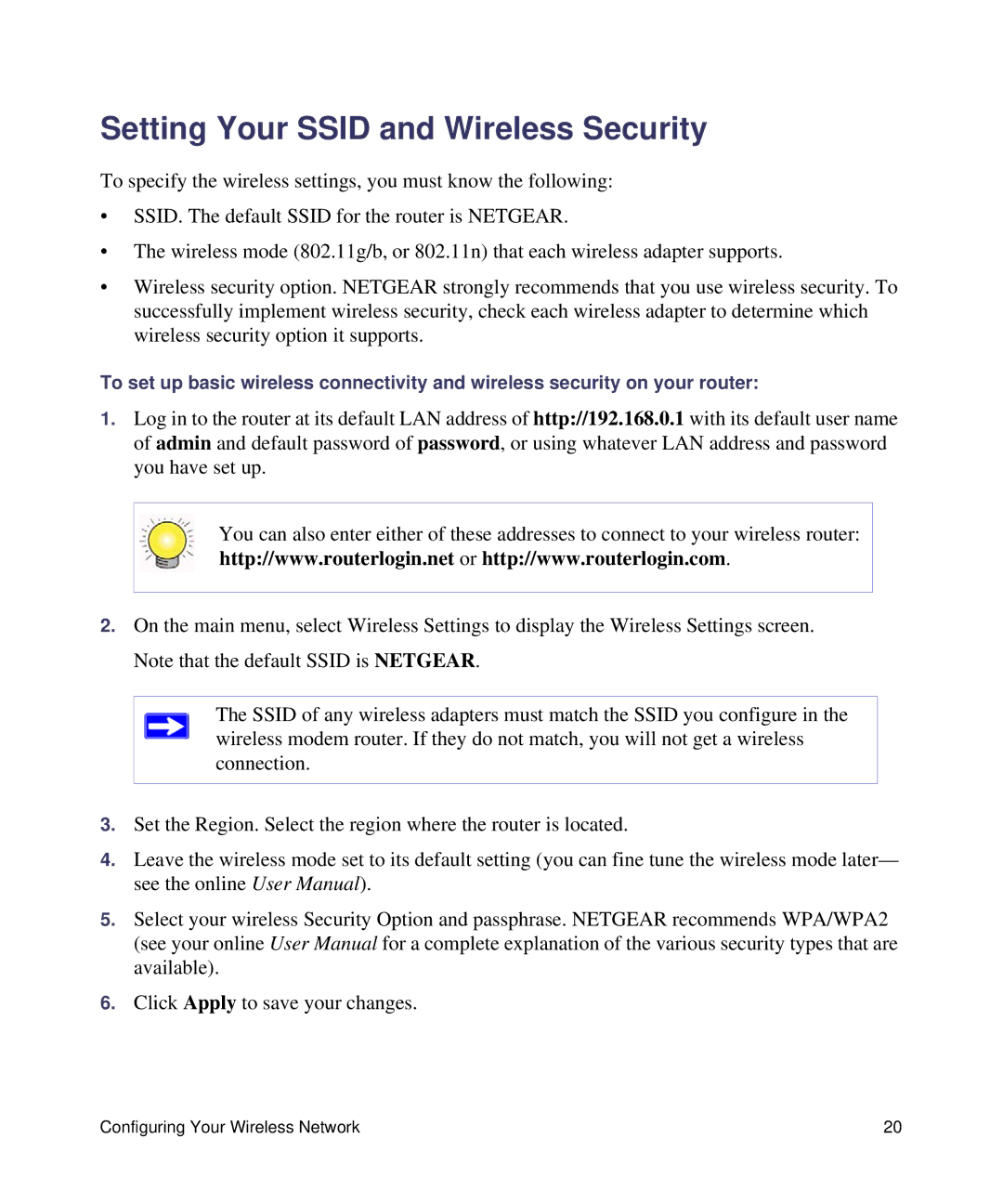 NETGEAR DGN1000-100NAS manual Setting Your Ssid and Wireless Security 