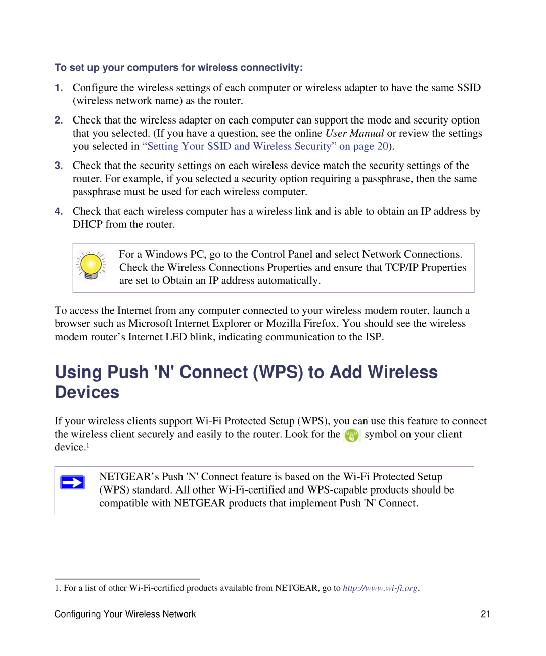 NETGEAR DGN1000-100NAS manual Using Push N Connect WPS to Add Wireless Devices 