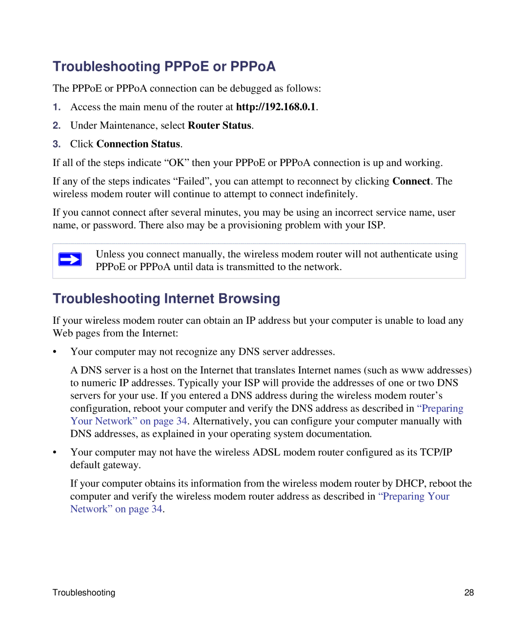 NETGEAR DGN1000-100NAS manual Troubleshooting PPPoE or PPPoA, Troubleshooting Internet Browsing 