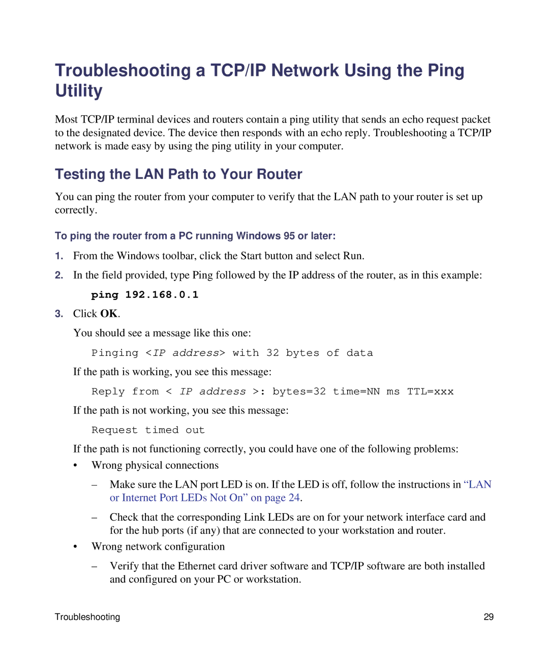 NETGEAR DGN1000-100NAS manual Troubleshooting a TCP/IP Network Using the Ping Utility, Testing the LAN Path to Your Router 