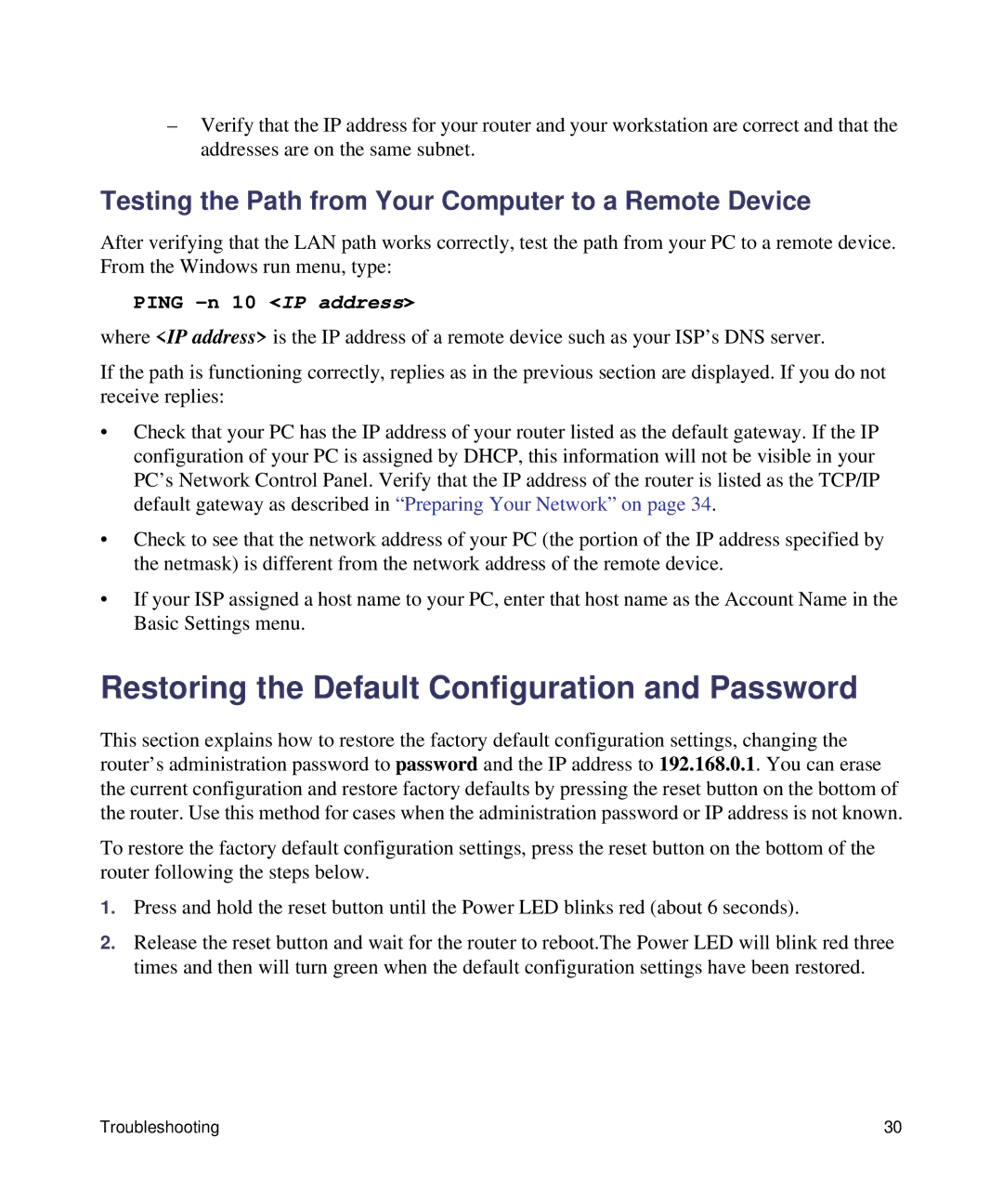 NETGEAR DGN1000-100NAS manual Restoring the Default Configuration and Password 