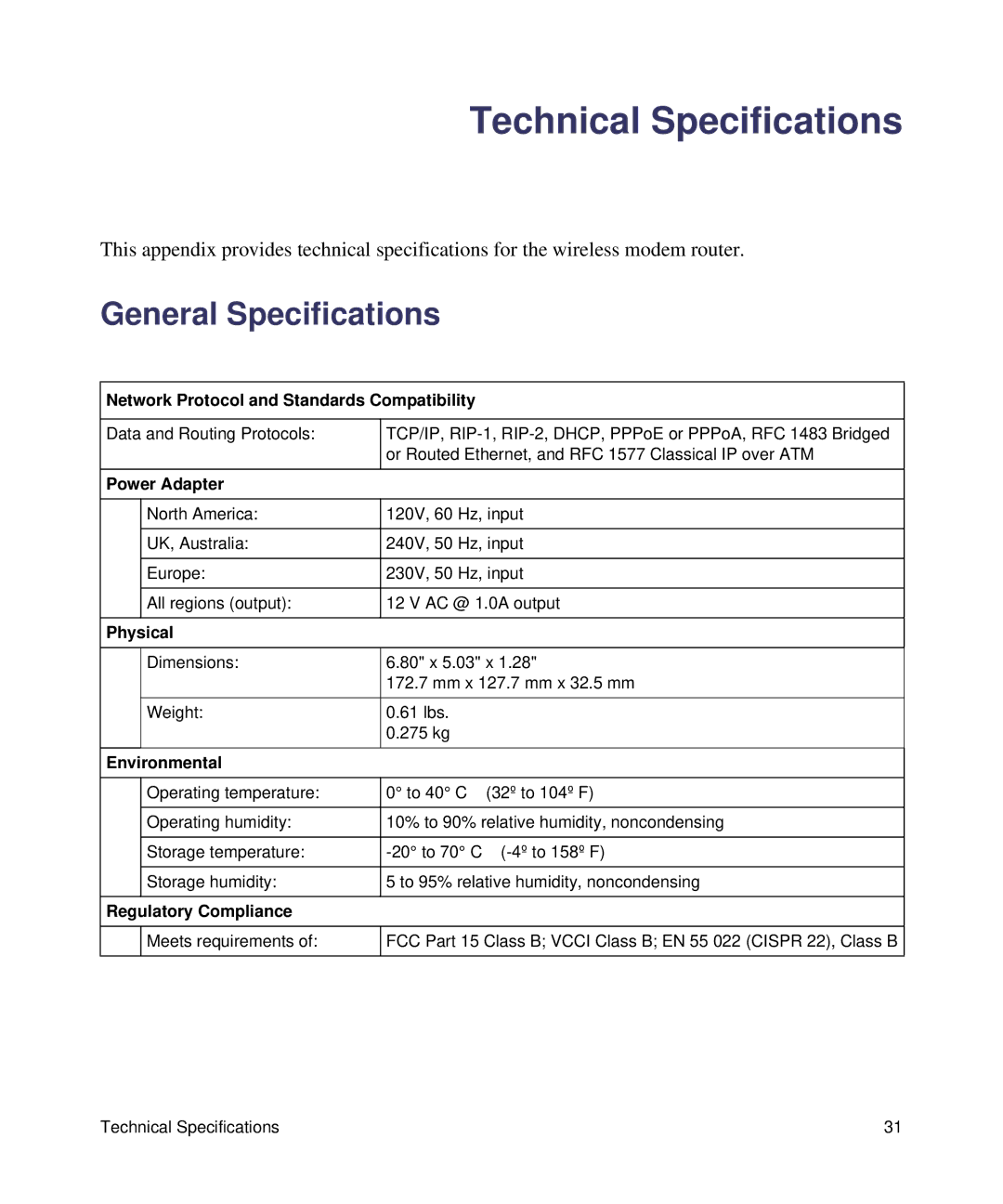 NETGEAR DGN1000-100NAS manual Technical Specifications, General Specifications 