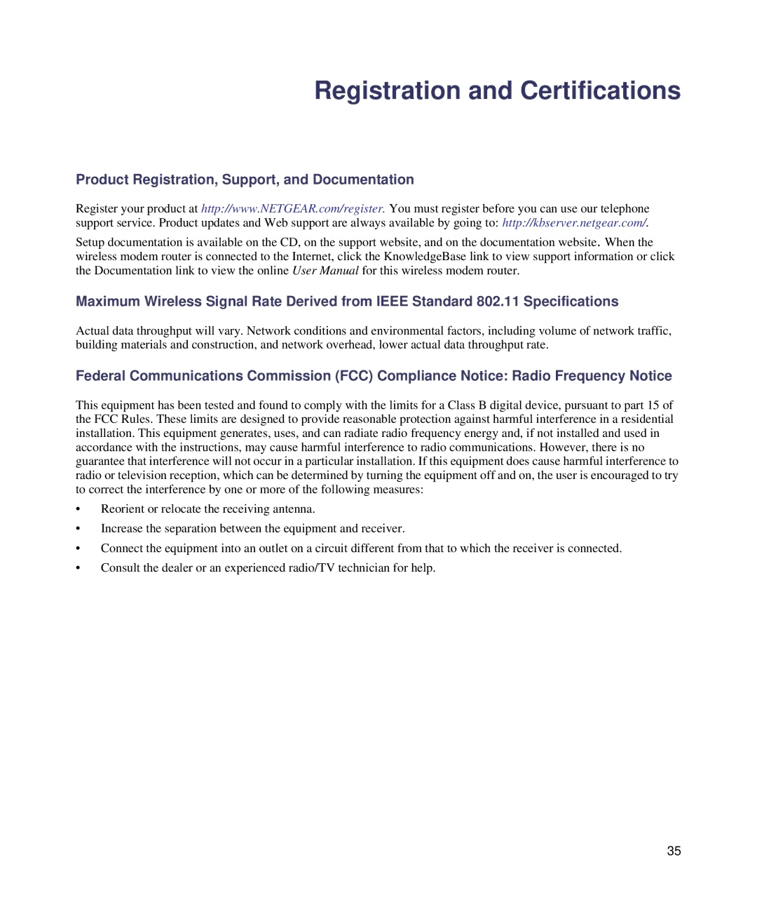 NETGEAR DGN1000-100NAS manual Registration and Certifications 