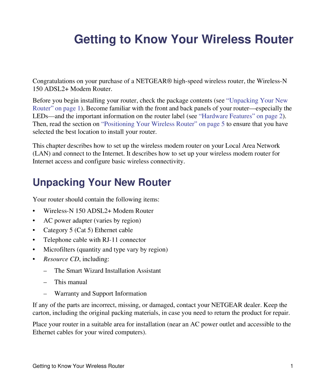 NETGEAR DGN1000-100NAS manual Getting to Know Your Wireless Router, Unpacking Your New Router 