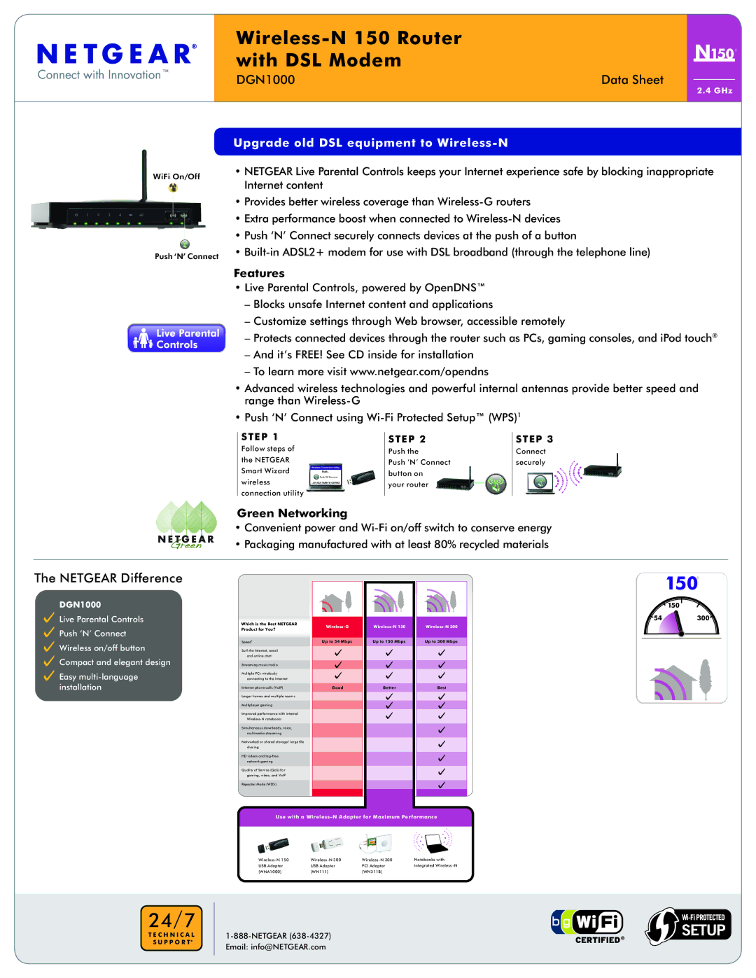 NETGEAR manual DGN1000 Data Sheet, Features, Green Networking 