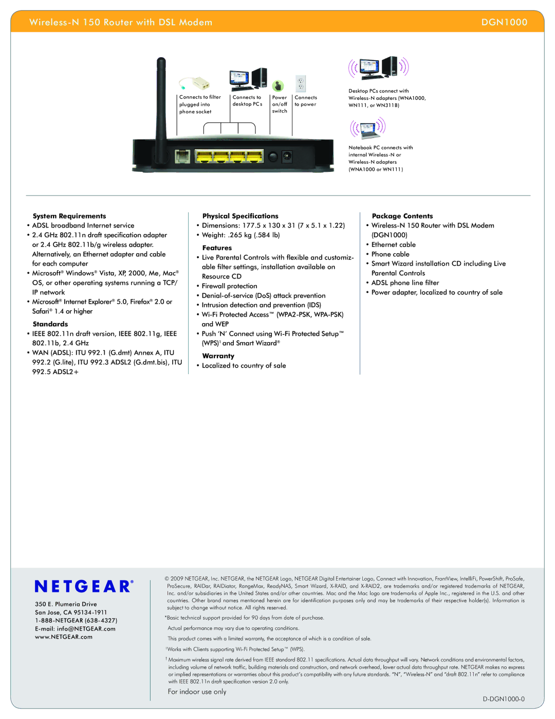 NETGEAR DGN1000 manual System Requirements, Standards, Physical Specifications, Features, Warranty, Package Contents 