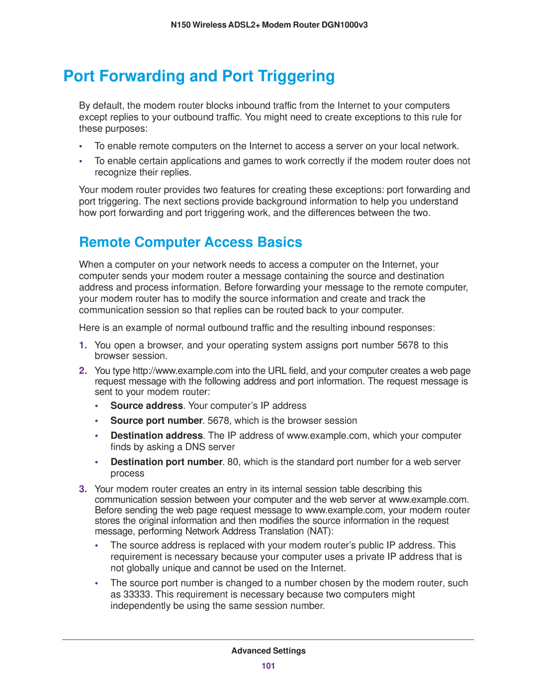 NETGEAR DGN1000v3 user manual Port Forwarding and Port Triggering, Remote Computer Access Basics 