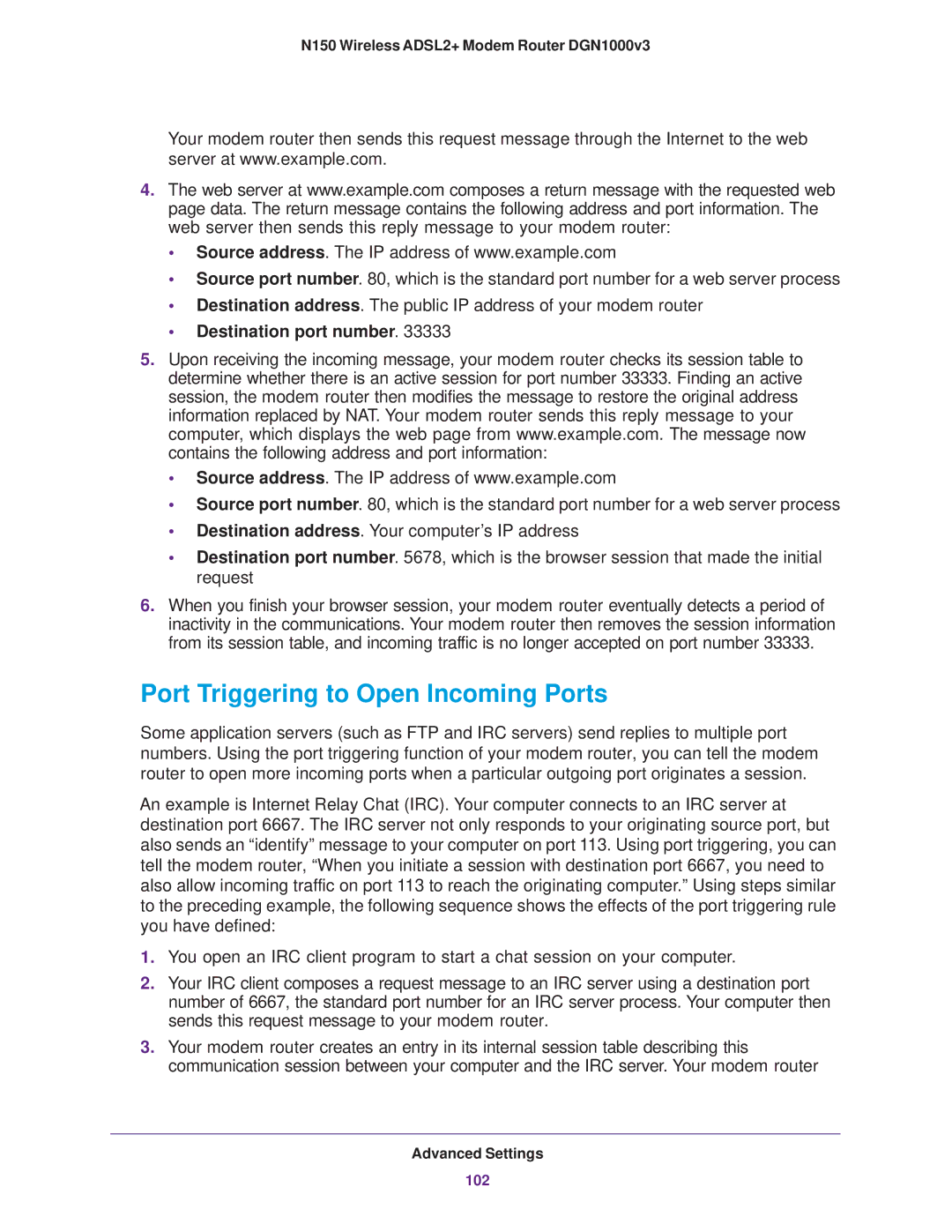 NETGEAR DGN1000v3 user manual Port Triggering to Open Incoming Ports, Destination port number 