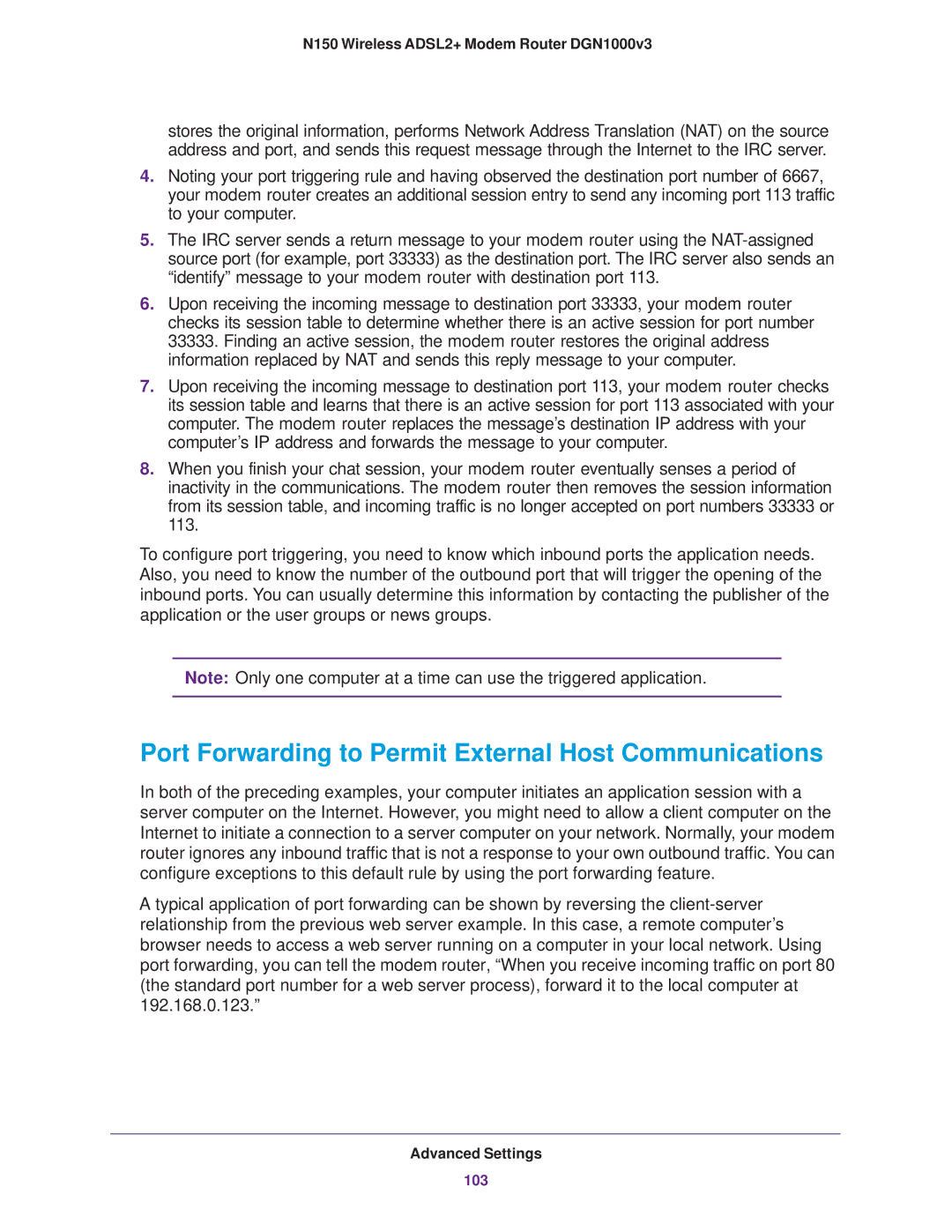 NETGEAR DGN1000v3 user manual Port Forwarding to Permit External Host Communications 