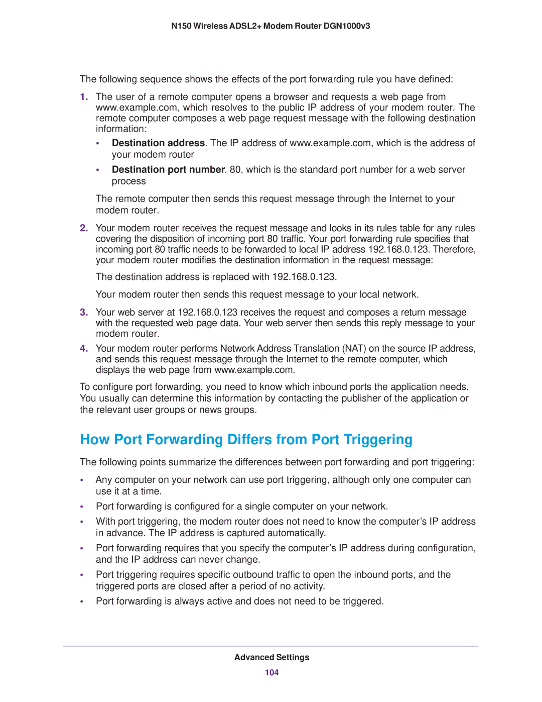 NETGEAR DGN1000v3 user manual How Port Forwarding Differs from Port Triggering 