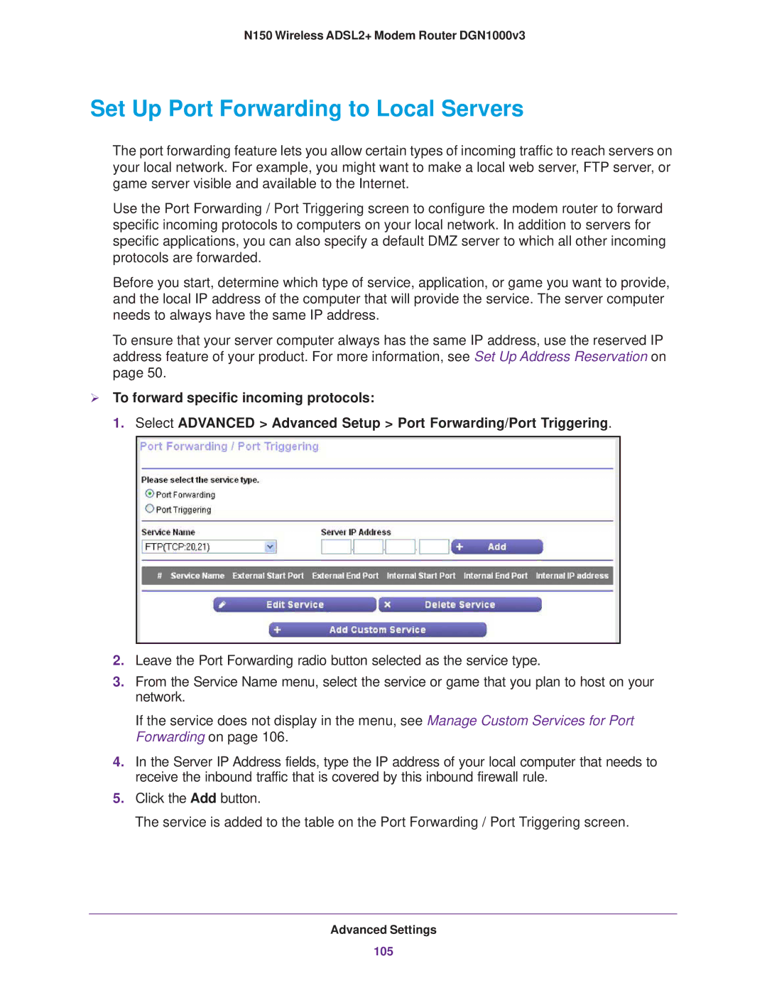 NETGEAR DGN1000v3 user manual Set Up Port Forwarding to Local Servers 