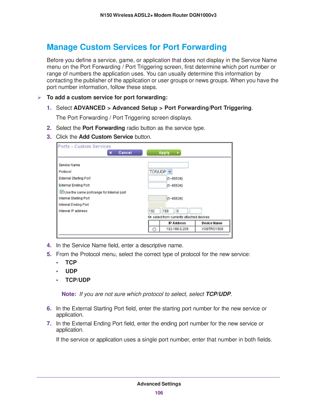 NETGEAR DGN1000v3 user manual Manage Custom Services for Port Forwarding,  To add a custom service for port forwarding 