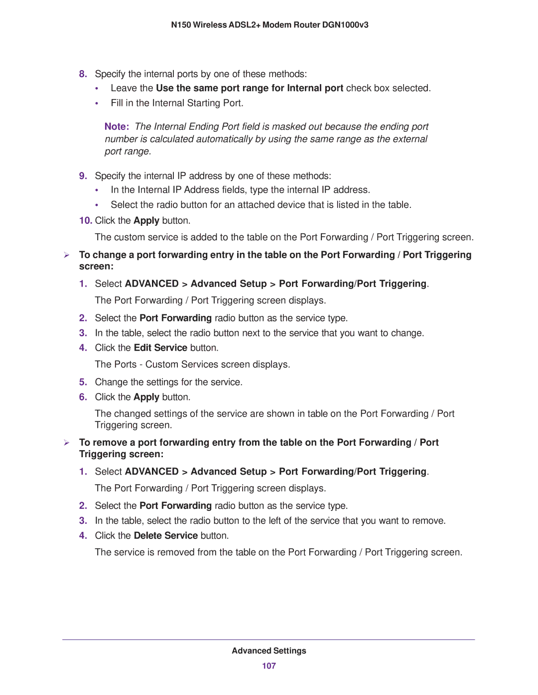 NETGEAR DGN1000v3 user manual Specify the internal ports by one of these methods 