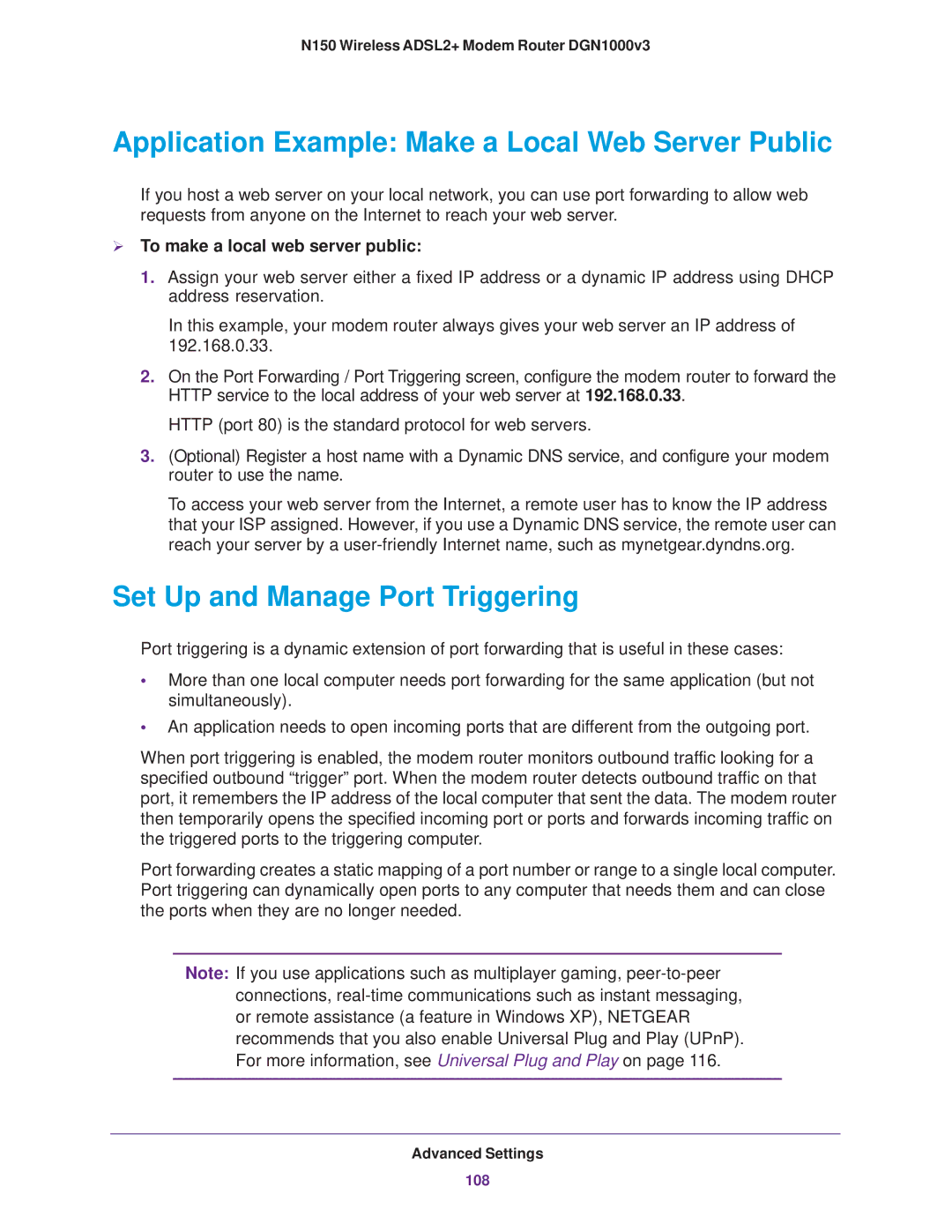 NETGEAR DGN1000v3 user manual Application Example Make a Local Web Server Public, Set Up and Manage Port Triggering 