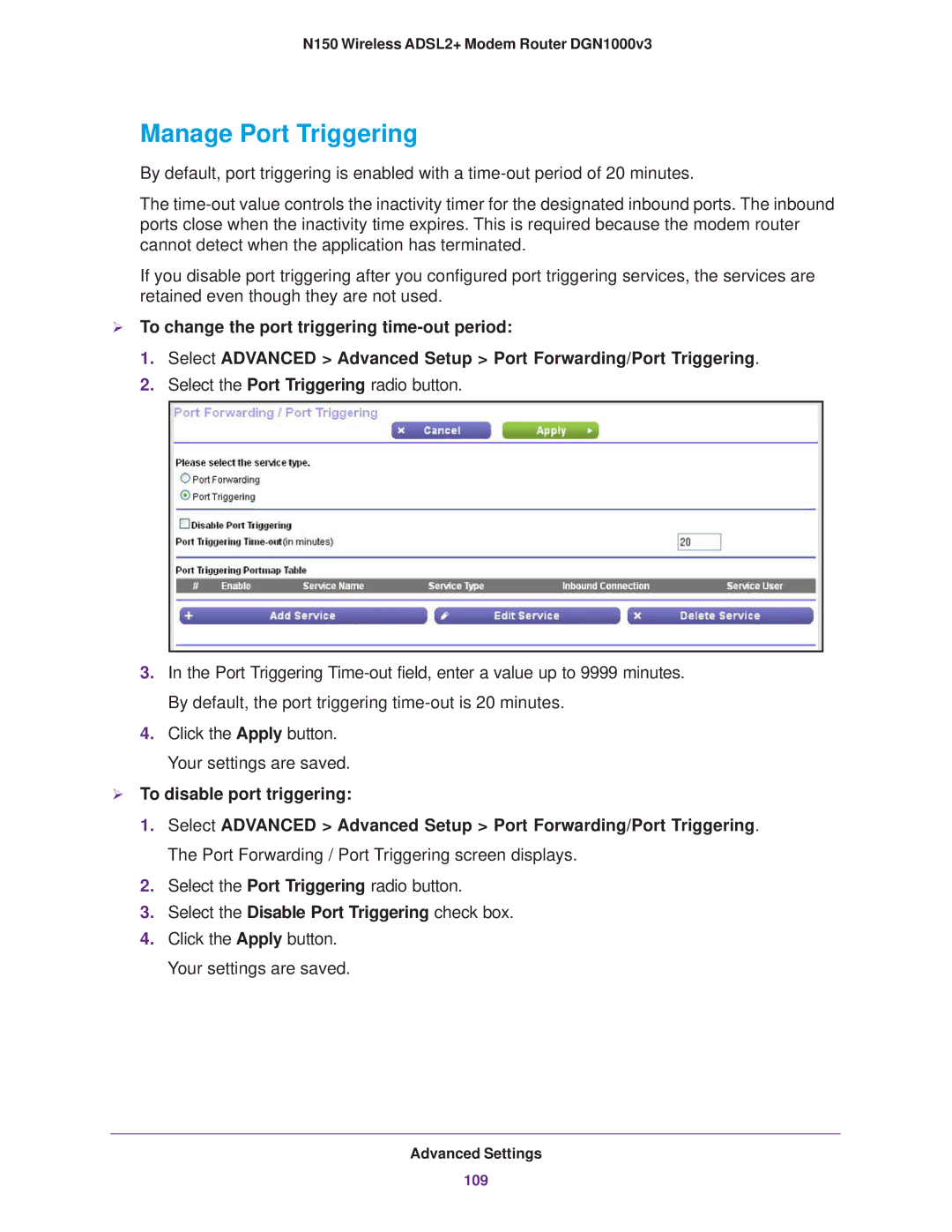 NETGEAR DGN1000v3 Manage Port Triggering,  To disable port triggering, Select the Disable Port Triggering check box 