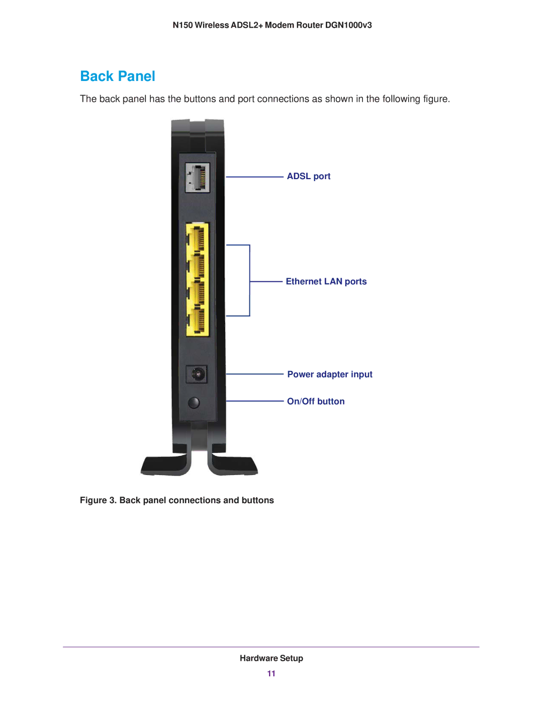 NETGEAR DGN1000v3 user manual Back Panel, Back panel connections and buttons Hardware Setup 