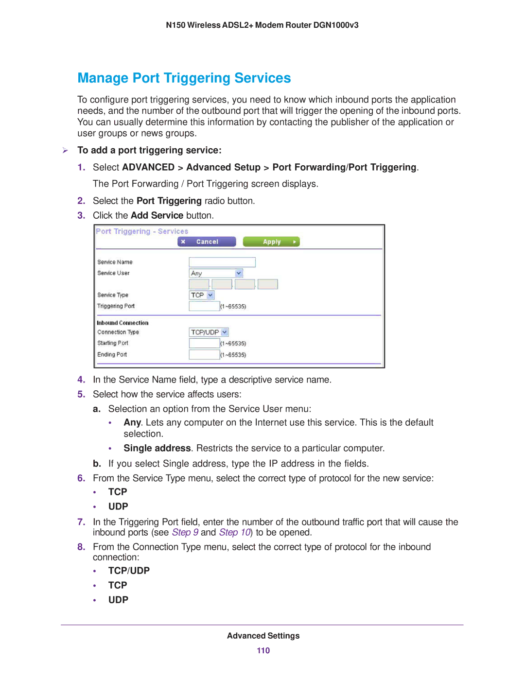 NETGEAR DGN1000v3 user manual Manage Port Triggering Services,  To add a port triggering service 