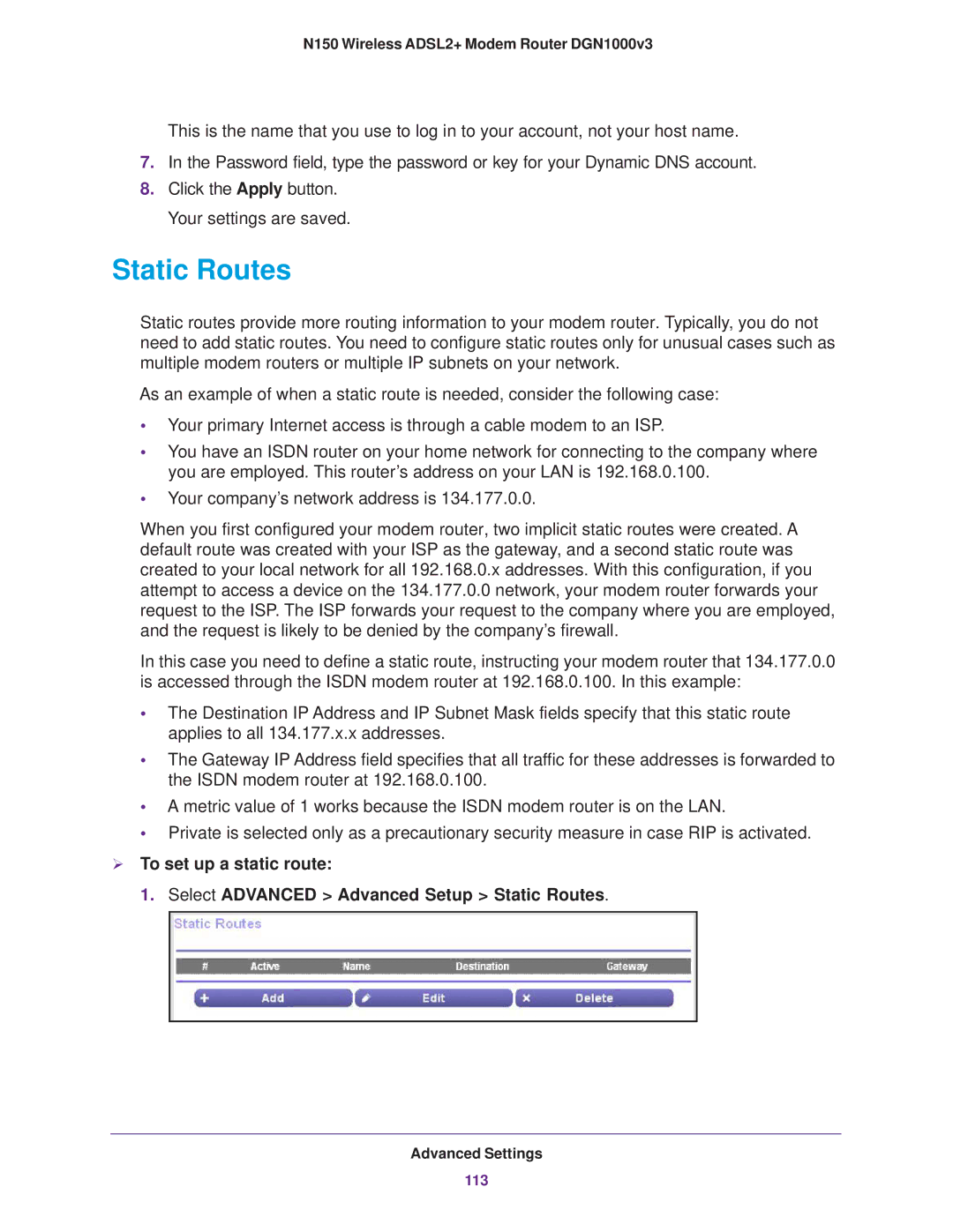 NETGEAR DGN1000v3 user manual Static Routes 