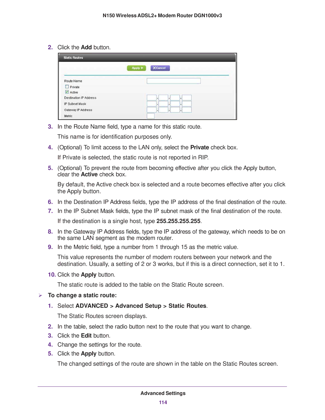 NETGEAR DGN1000v3 user manual  To change a static route 