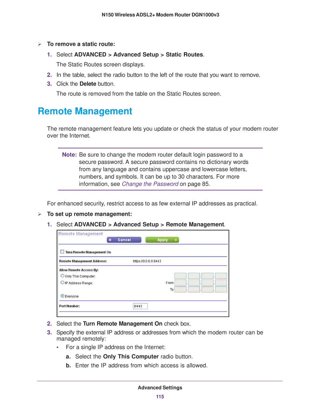 NETGEAR DGN1000v3 user manual Remote Management,  To remove a static route 