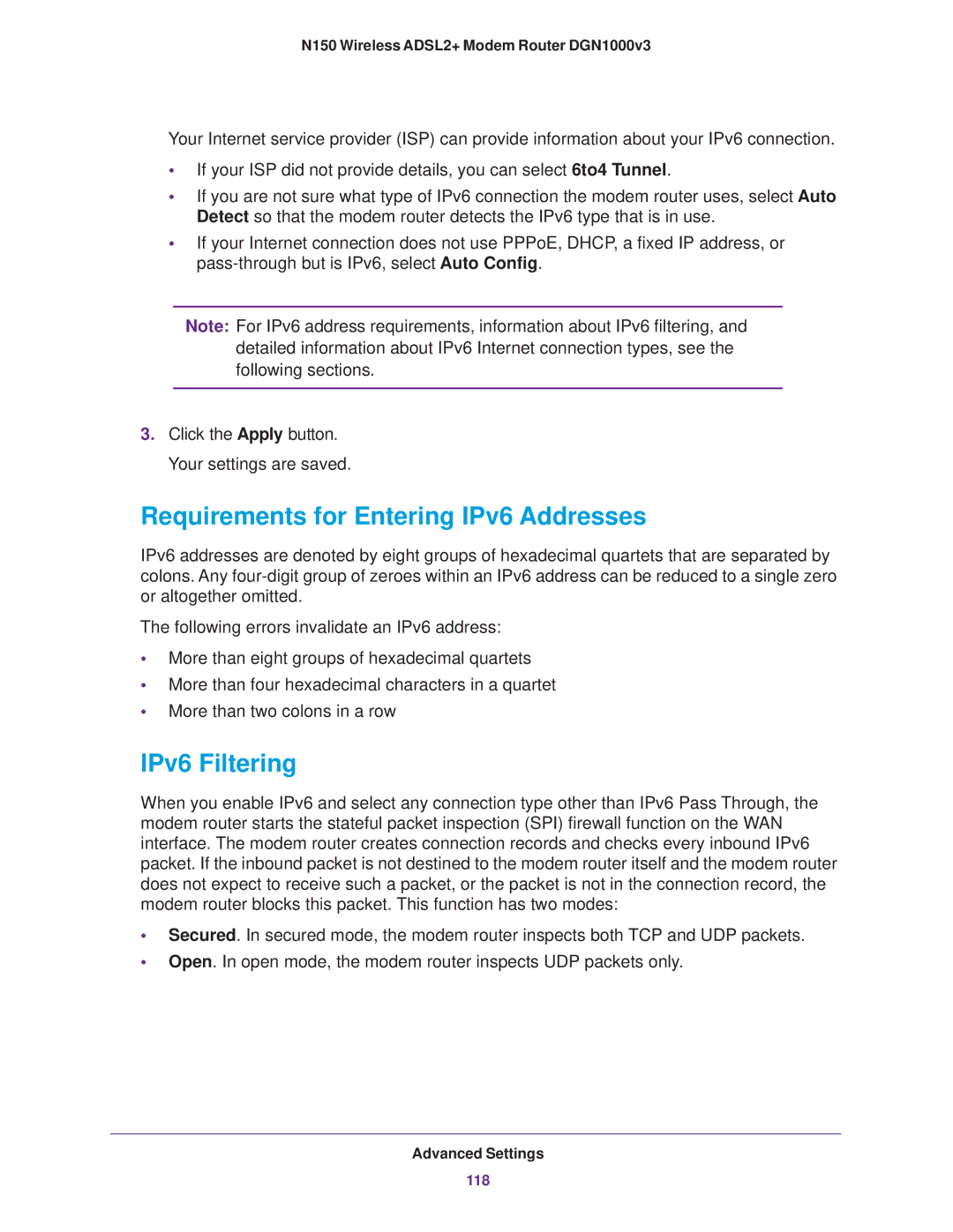 NETGEAR DGN1000v3 user manual Requirements for Entering IPv6 Addresses, IPv6 Filtering 