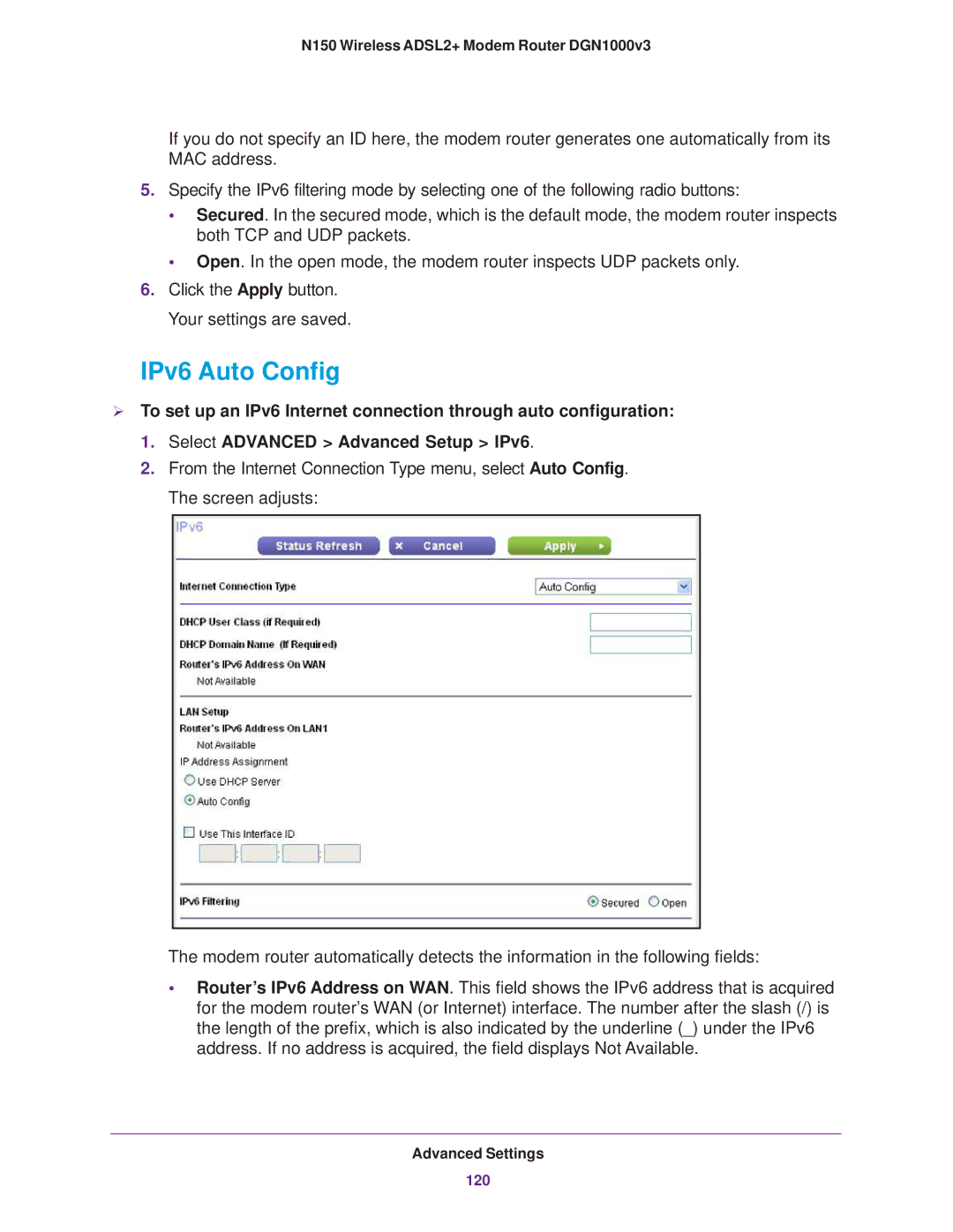 NETGEAR DGN1000v3 user manual IPv6 Auto Config 