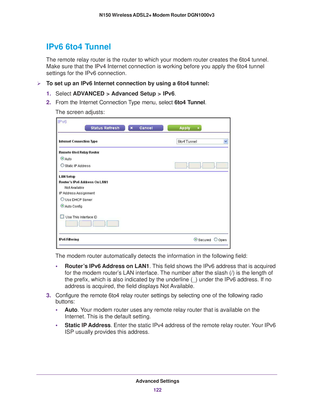 NETGEAR DGN1000v3 user manual IPv6 6to4 Tunnel 