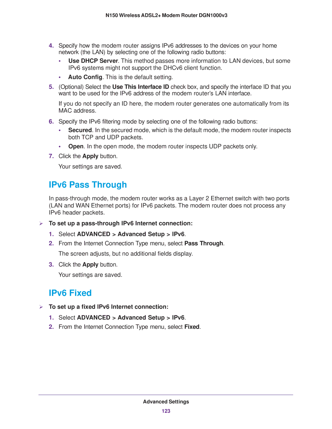 NETGEAR DGN1000v3 user manual IPv6 Pass Through, IPv6 Fixed 