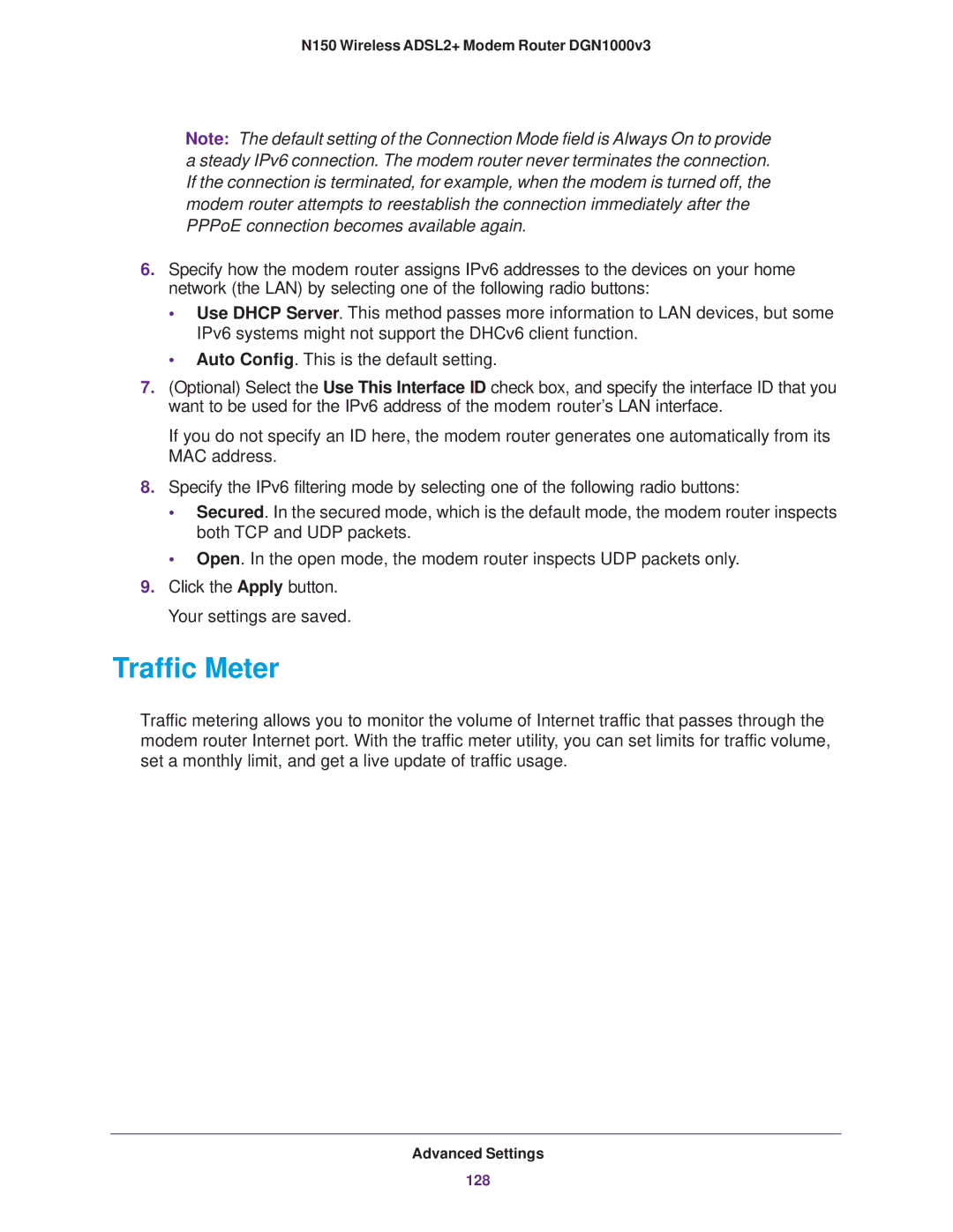 NETGEAR DGN1000v3 user manual Traffic Meter 