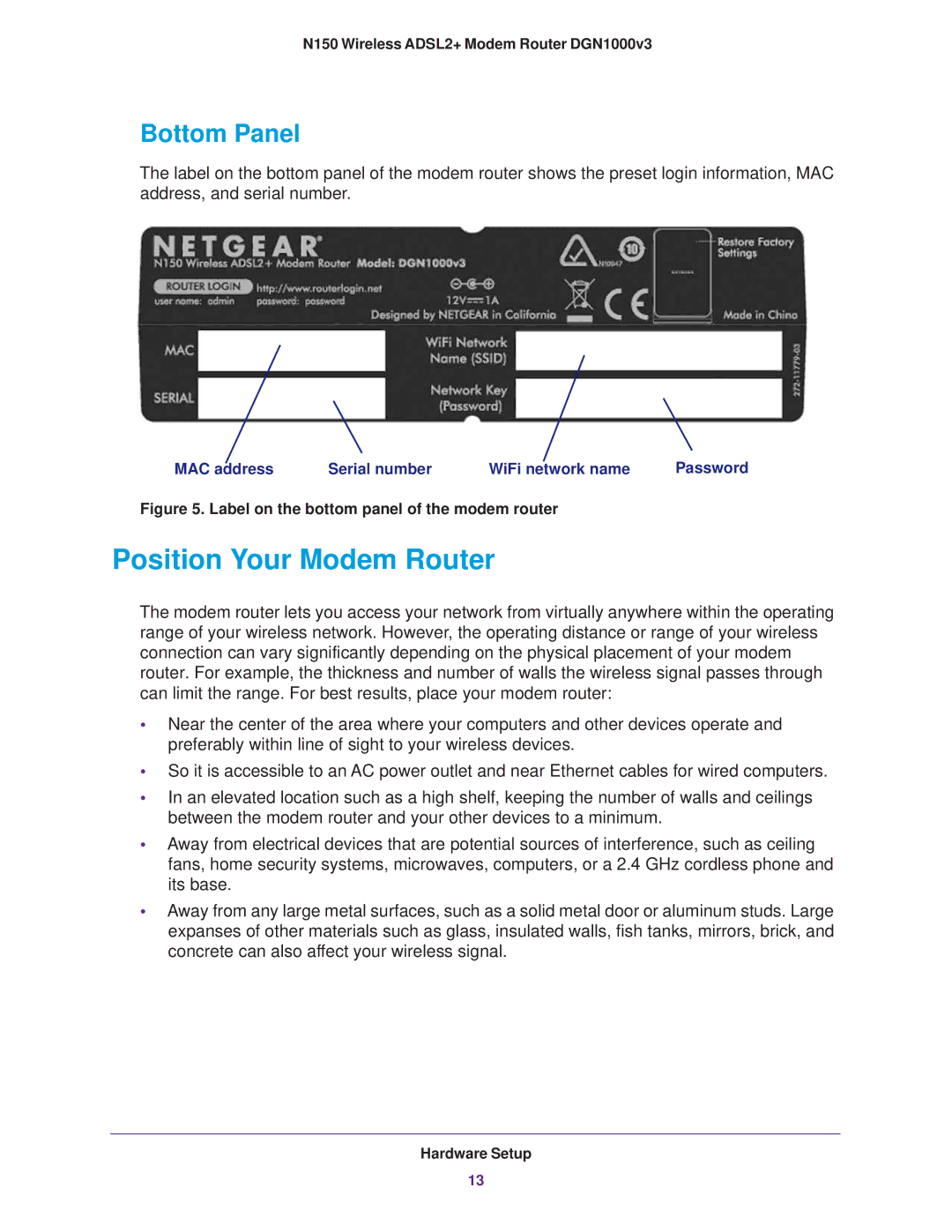 NETGEAR DGN1000v3 user manual Position Your Modem Router, Bottom Panel 