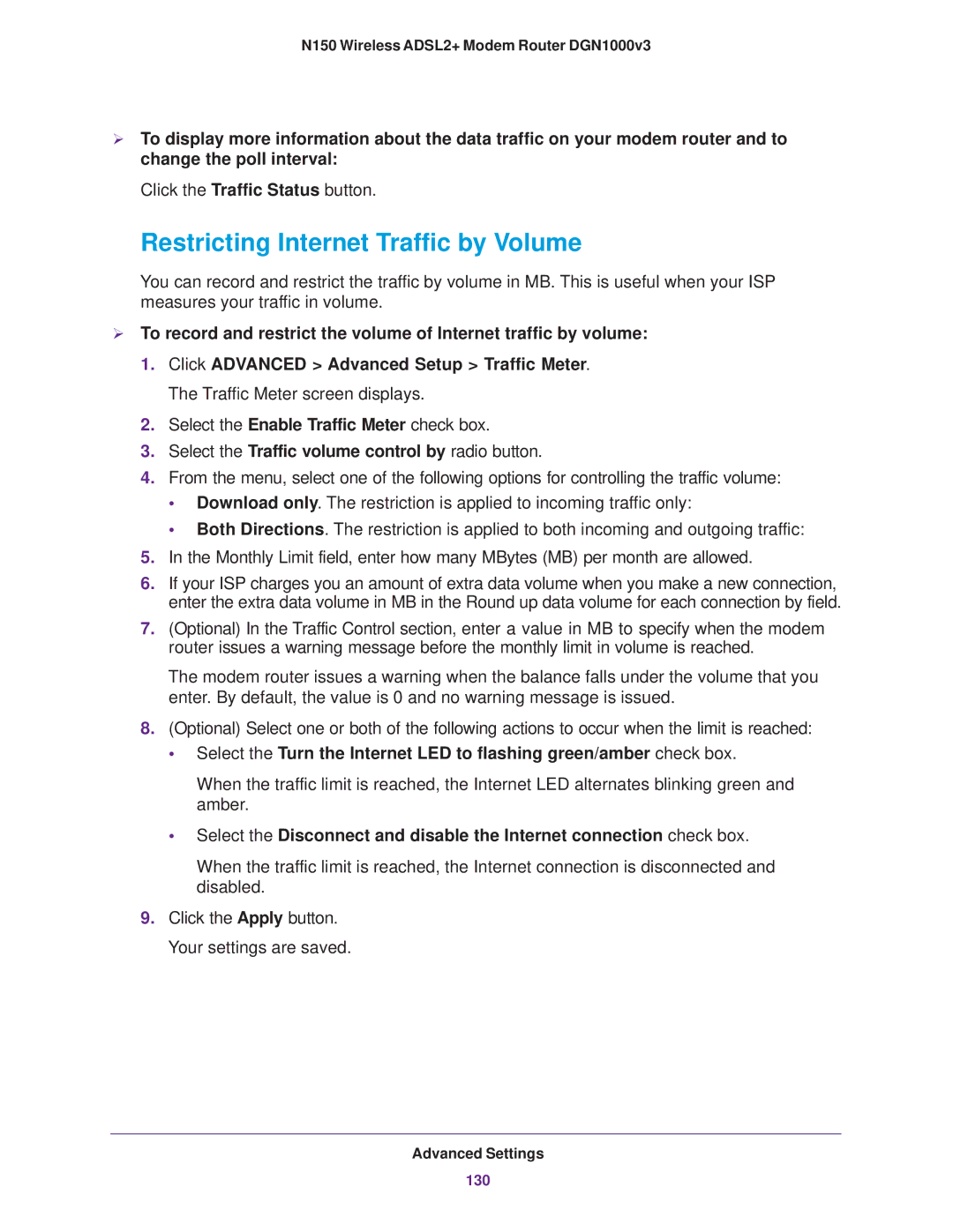 NETGEAR DGN1000v3 user manual Restricting Internet Traffic by Volume, Select the Traffic volume control by radio button 