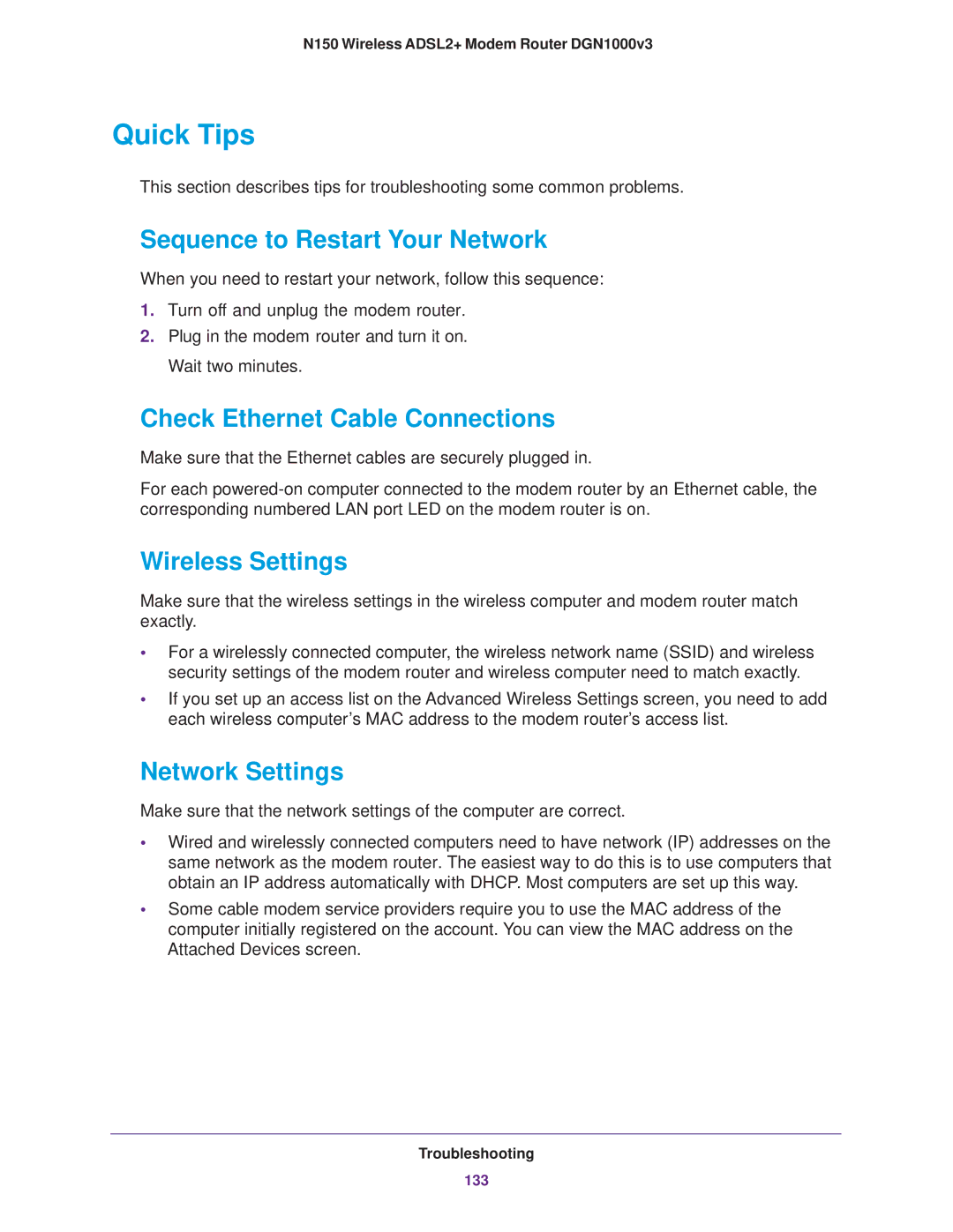 NETGEAR DGN1000v3 Quick Tips, Sequence to Restart Your Network, Check Ethernet Cable Connections, Network Settings 