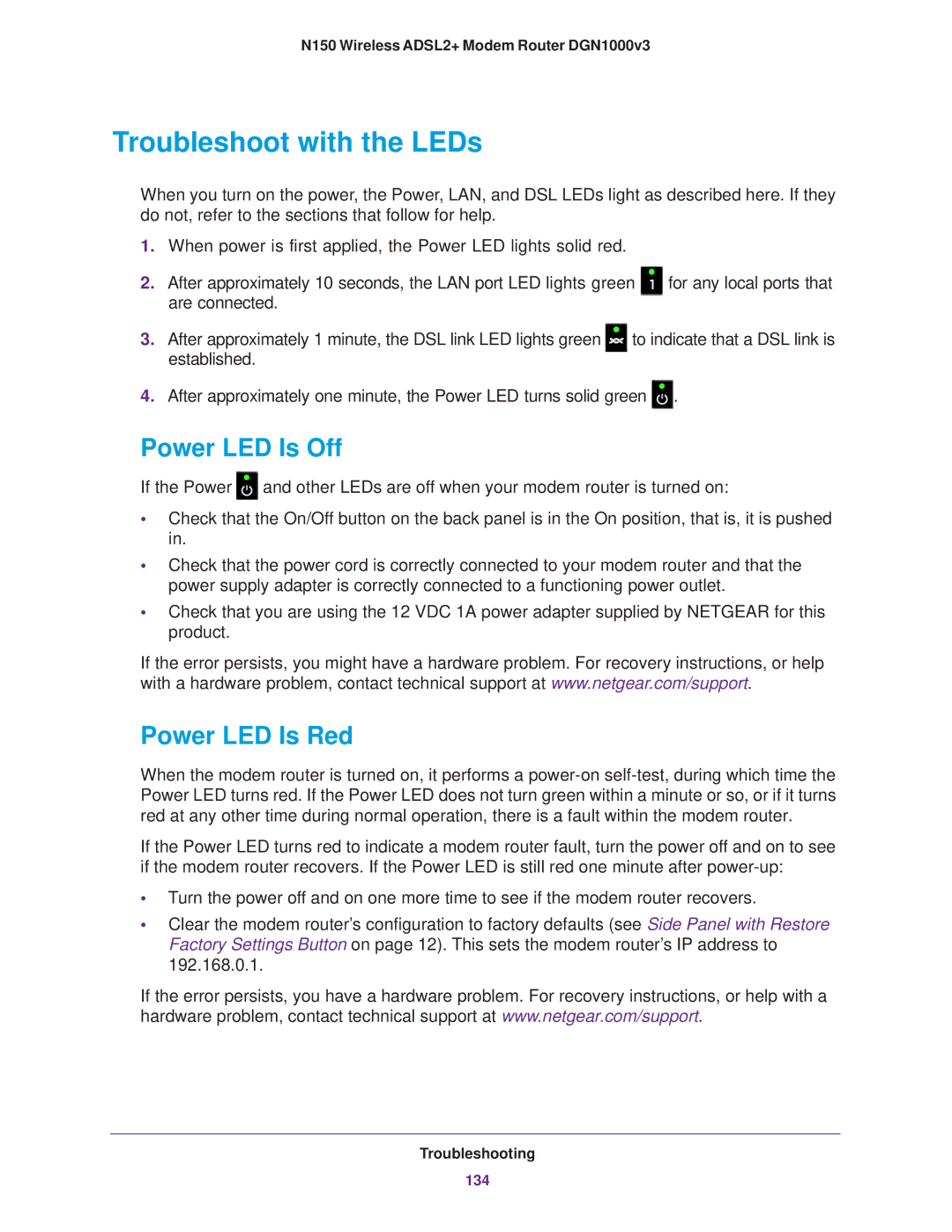 NETGEAR DGN1000v3 user manual Troubleshoot with the LEDs, Power LED Is Off, Power LED Is Red 