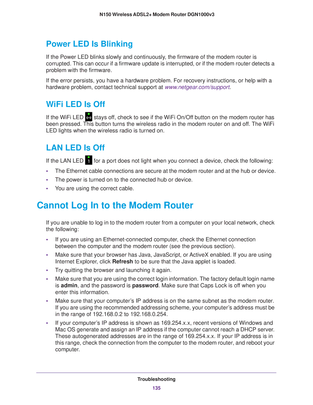 NETGEAR DGN1000v3 user manual Cannot Log In to the Modem Router, Power LED Is Blinking, WiFi LED Is Off, LAN LED Is Off 